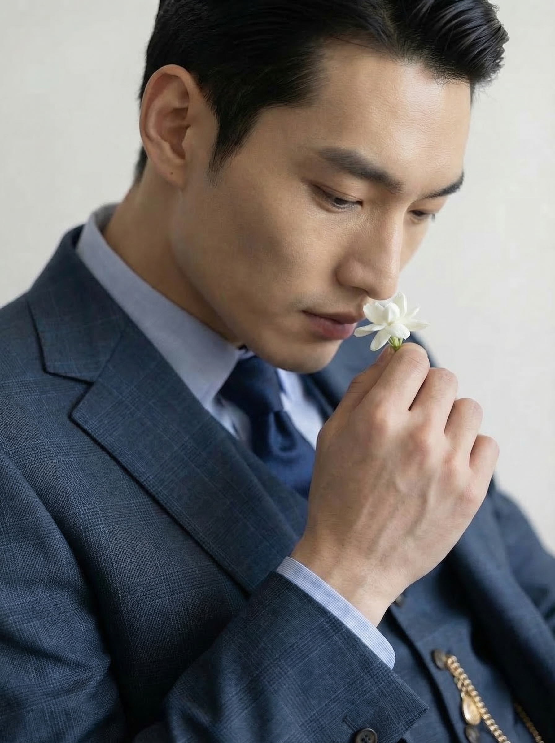 身着深蓝格纹西装的男士手持白花